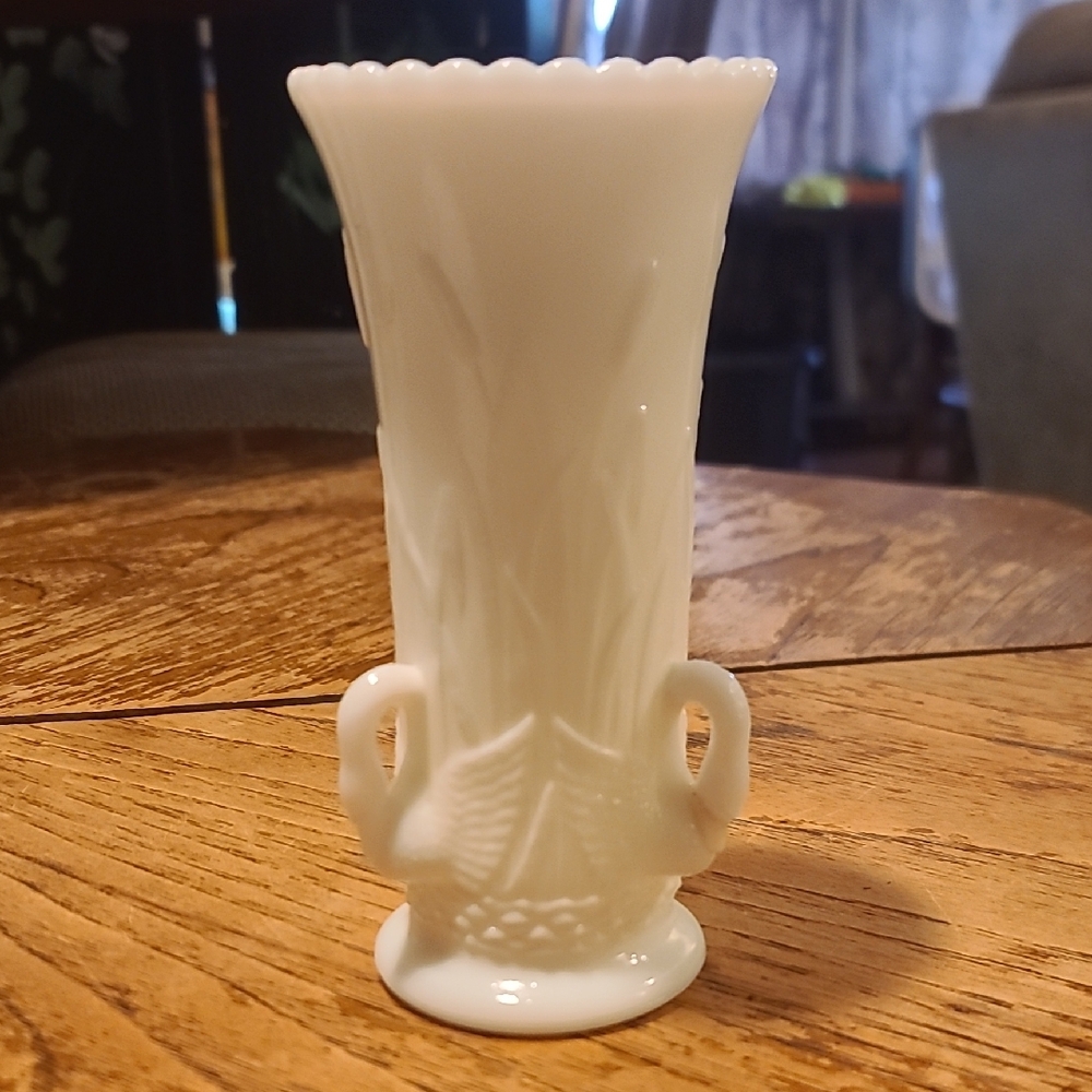 Milk glass Decorative Vase with Scalloped Rim and Swan Curved Handles